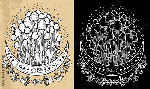 Black and white celestial mystic mushrooms with magic and floral decorative design elements, witchcraft symbols. Esoteric and witchy objects, tattoo concept, hand drawn clipart 