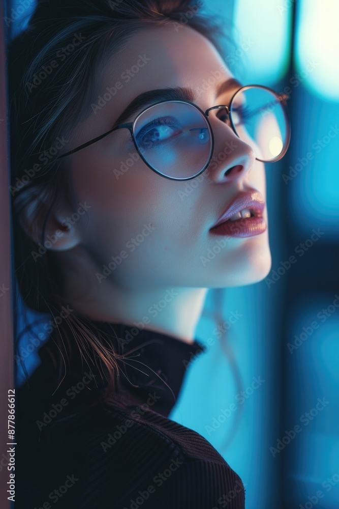 A person with glasses peeking outside from behind a window A person with glasses peeking outside from behind a window