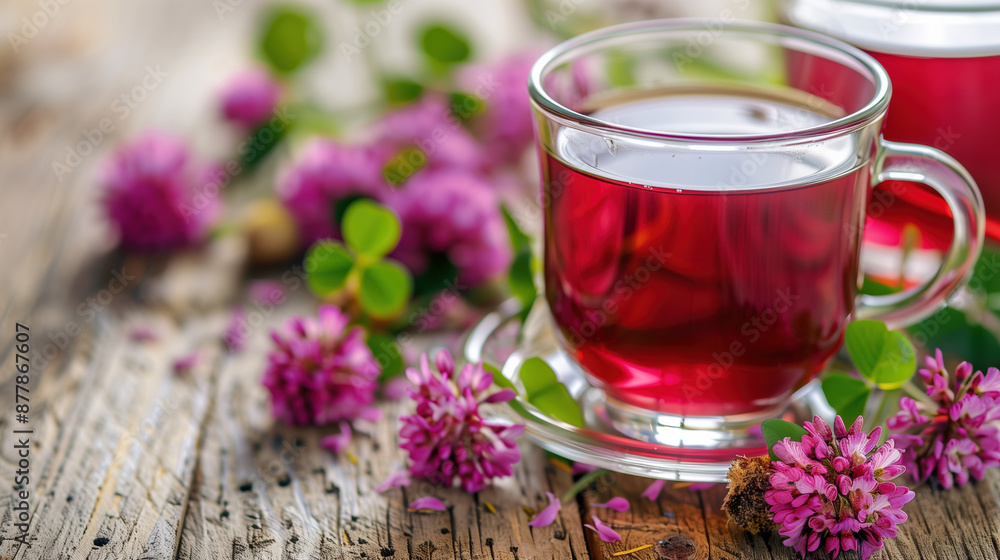 Serene Background with Organic Red Clover Tea Close-up Serene Background with Organic Red Clover Tea Close-up