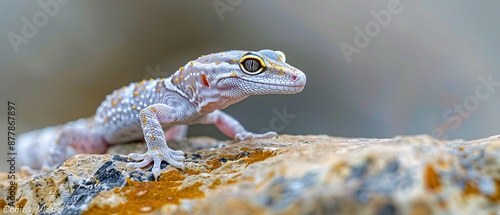 A Mauritanian gecko, Tarentola mauritanica, poised on a stone surface in its natural habitat, with intricate skin details visible in a close-up photograph. photo
