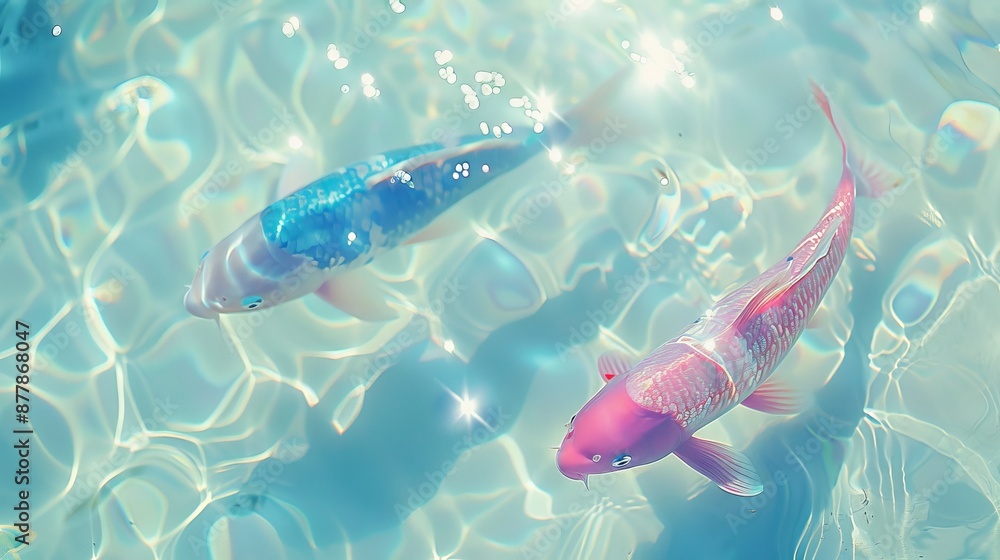 Fototapeta premium Two Koi Karp Swimming in the Glistening Shallow Water