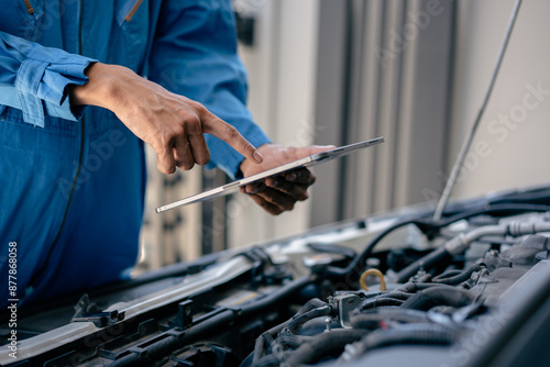 Automotive mechanic repairman using tablet to checking engine room, check the mileage of the car, oil change, car auto service, auto maintenance service concept.