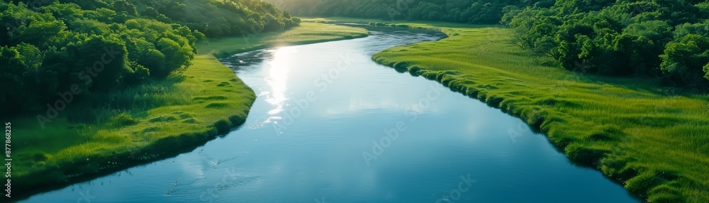 A tranquil river winds through a lush green landscape under soft sunlight, creating a serene and picturesque scene.
A tranquil river winds through a lush green landscape under soft sunlight, creating a serene and picturesque scene.