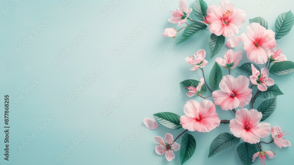 Fototapeta premium Soft pink flowers in full bloom rest on a soft blue background
