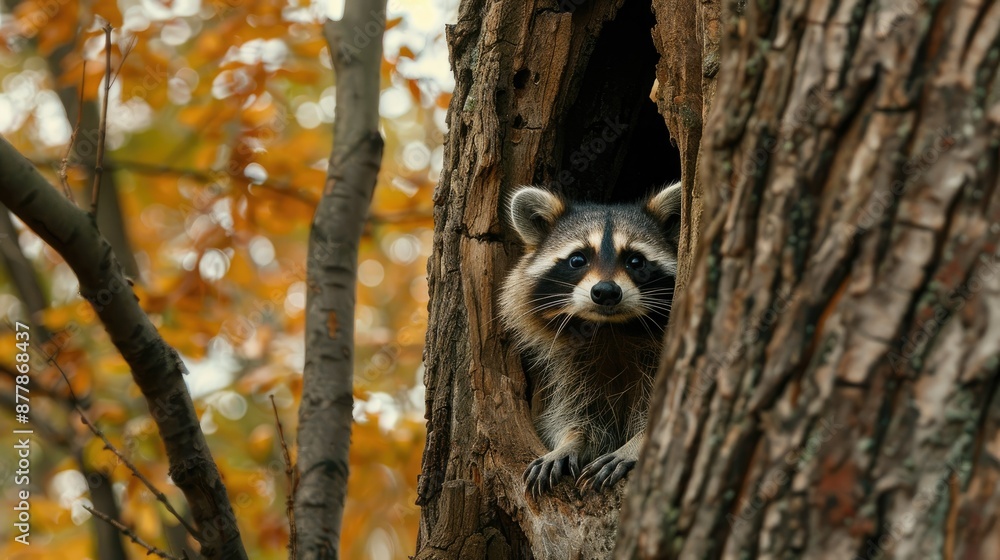 A curious raccoon peeking out from a tree hollow A curious raccoon peeking out from a tree hollow