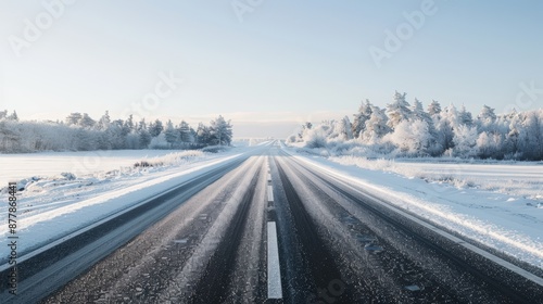 Highway with a solid white line down the center, leading into the horizon through a snowy landscape under a clear winter sky.