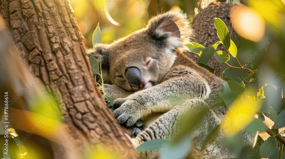 Obraz premium A koala bear sleeping in a eucalyptus tree
