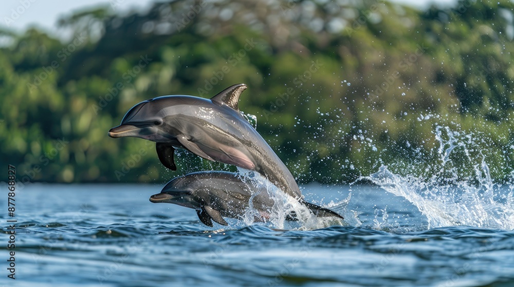Fototapeta premium A pair of dolphins jumping out of the water together