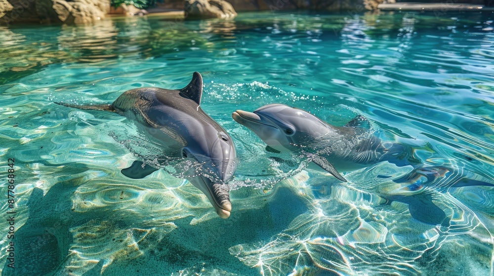 Fototapeta premium A pair of dolphins swimming in crystal-clear water