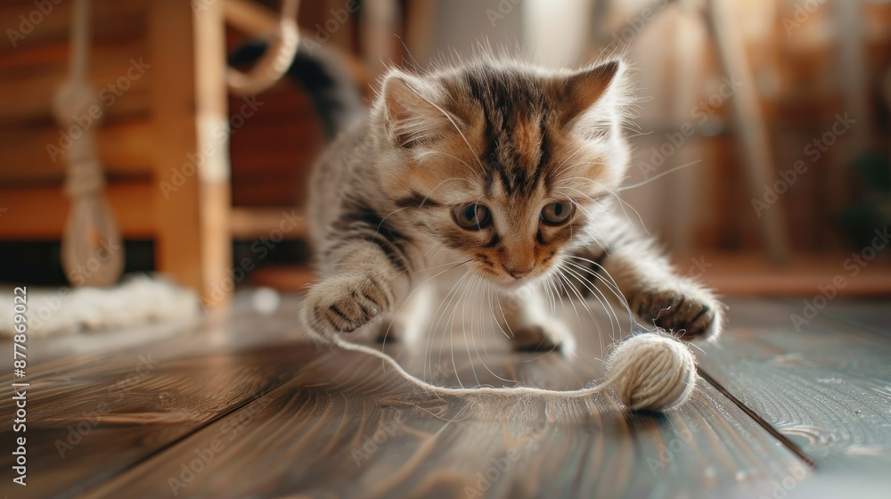 A playful kitten chasing a ball of yarn indoors A playful kitten chasing a ball of yarn indoors