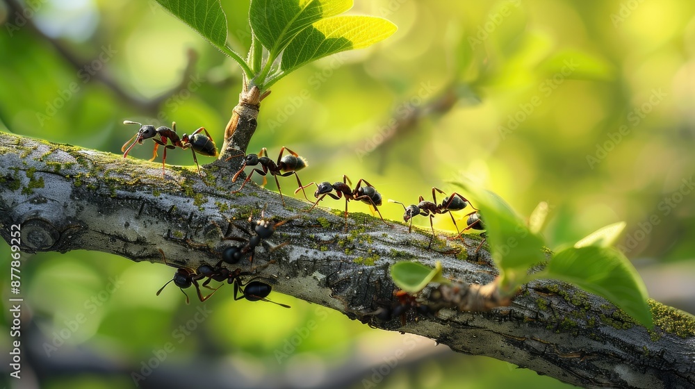 Ants on a tree branch with space for text in the background Ants on a tree branch with space for text in the background