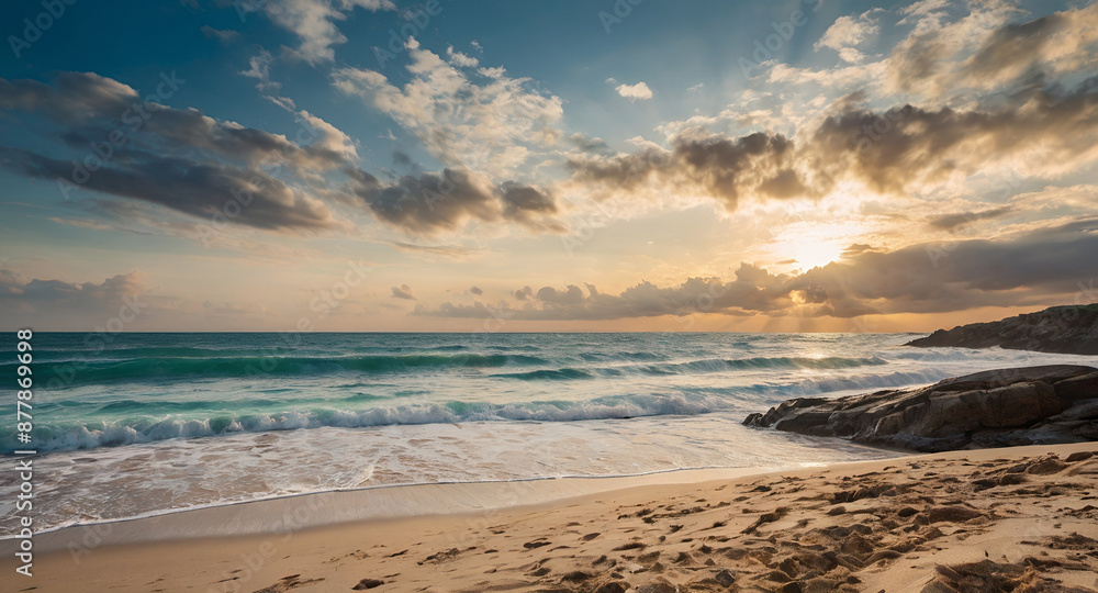 Serene Beach Scene at Sunset with Coastal Houses. Tranquil Sunrise Reflections Serene Beach Scene at Sunset with Coastal Houses. Tranquil Sunrise Reflections