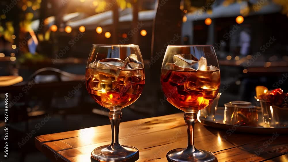 Two glasses of iced drinks on a table at sunset Two glasses of iced drinks on a table at sunset