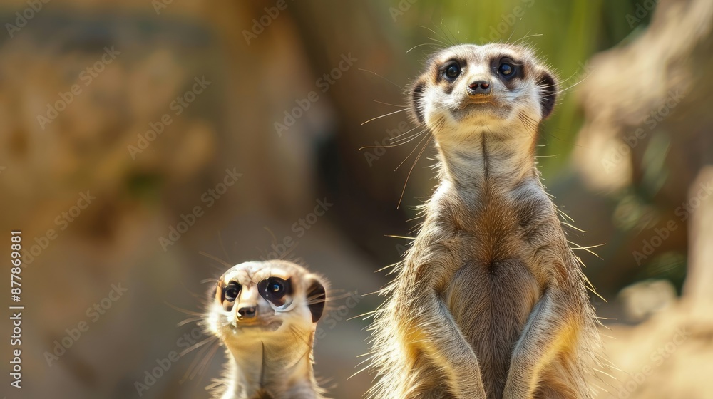 Meerkats standing on guard with space for text in the background Meerkats standing on guard with space for text in the background