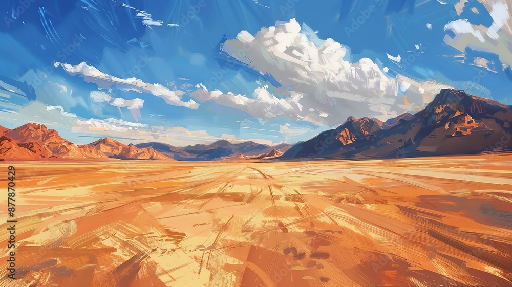 Naklejka premium Vast Desert Landscape Under Blue Sky with Clouds in Vibrant Brush Strokes