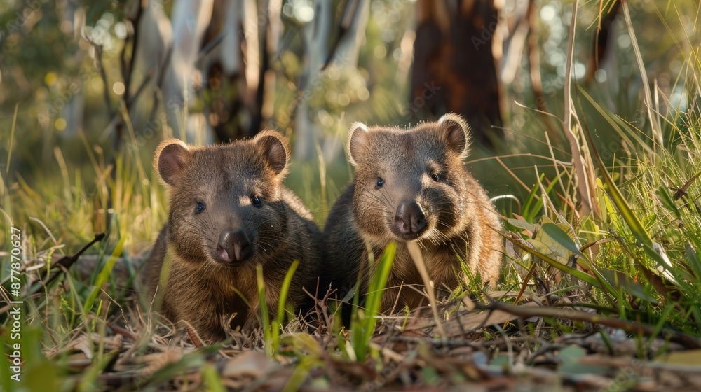 Wombats in an Australian bush with space for text in the background Wombats in an Australian bush with space for text in the background