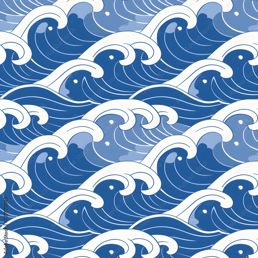 Seamless pattern of abstract blue ocean waves with white crests on a light blue background. Seamless pattern of abstract blue ocean waves with white crests on a light blue background.