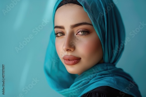 Close-Up Portrait of a Woman in a Turquoise Hijab