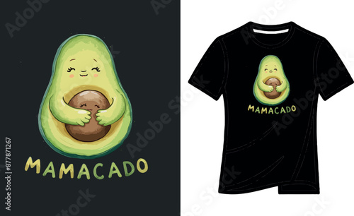 funny vector  t - shirt design of an avocado hugging its own pit as a baby, pregnant, mama, mom