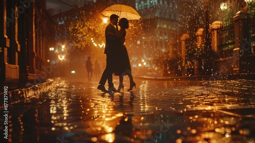 In the serene ambiance of a rainy night, a silhouette of a couple sharing an umbrella under the glow of a street lamp AIG58 photo