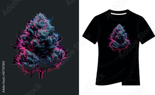 Funny Colorful t-shirt vector image an ultra-realistic cannabis bud in ultraviolet and neon colors