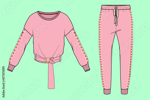 ladies nightwear drop shoulder sweatshirt cuff jogger loungewear fashion illustration flat sketch vector.