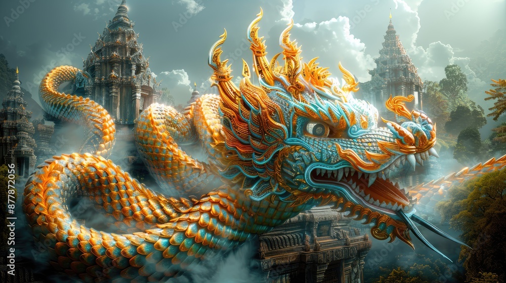 Fototapeta premium Majestic Dragon Guardian of the Ancient Temple
