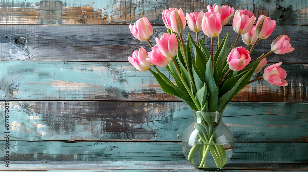Bouquet of pink tulips in a vase on a wooden vintage wall background ...