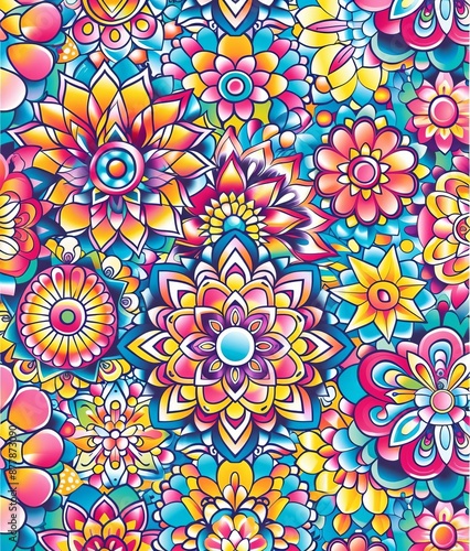 Vibrant abstract floral pattern artwork with colorful mandala flowers in a kaleidoscopic arrangement.