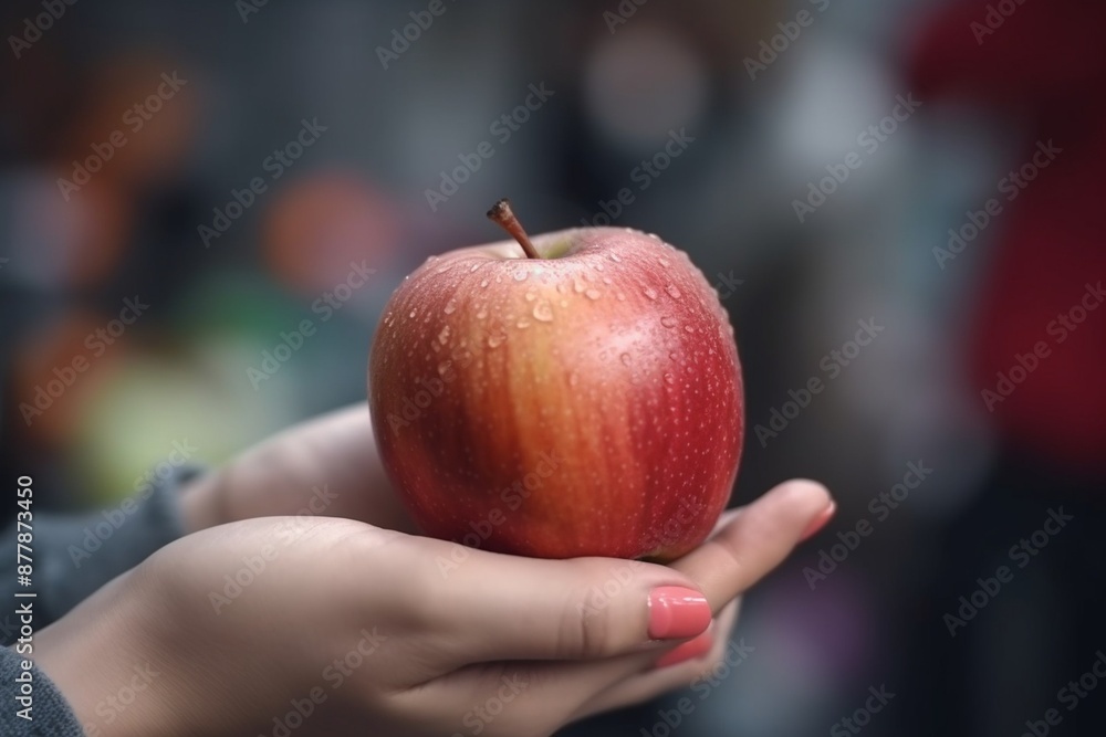 Closeup an apple in a female hand on a blurred background with vegetables Closeup an apple in a female hand on a blurred background with vegetables