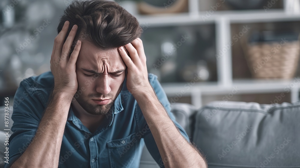 Fototapeta premium Sad and tired man sitting on a couch at home, holding his head in pain, clearly suffering from a headache or migraine, with stress and discomfort visible on his face