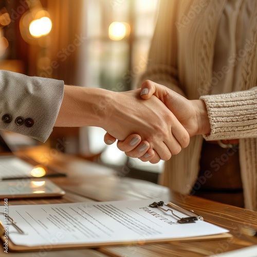 Woman signing rental contract, shaking hands with realtor. Highlighting property lease and client agreement