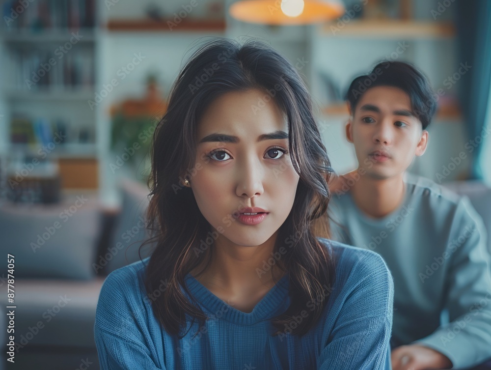 Young Asian couple in a quarrel, woman upset, man frustrated, relationship issues, living room setting, emotional tension Young Asian couple in a quarrel, woman upset, man frustrated, relationship issues, living room setting, emotional tension