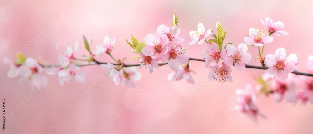 Beautiful Cherry Blossoms in Full Bloom on a Branch with Soft Pink Background Beautiful Cherry Blossoms in Full Bloom on a Branch with Soft Pink Background