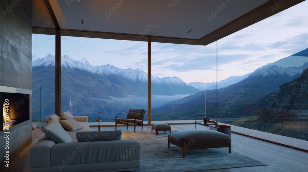 Fototapeta premium Modern living room with panoramic mountain view, large windows, cozy furniture, and fireplace, creating a serene and luxurious atmosphere.
