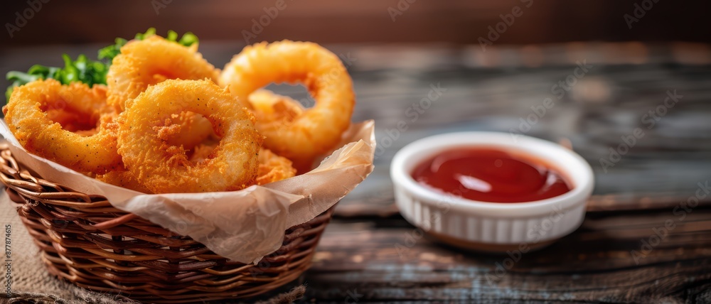 Crispy Golden Onion Rings in a Basket with Dipping Sauce on Rustic Wooden Table Crispy Golden Onion Rings in a Basket with Dipping Sauce on Rustic Wooden Table
