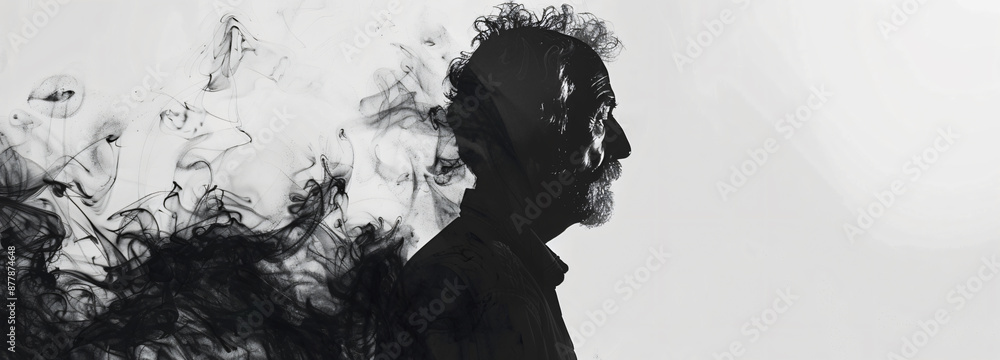 Black ink on white background, silhouette of an old man in the middle of picture, minimalism, copy space concept Black ink on white background, silhouette of an old man in the middle of picture, minimalism, copy space concept