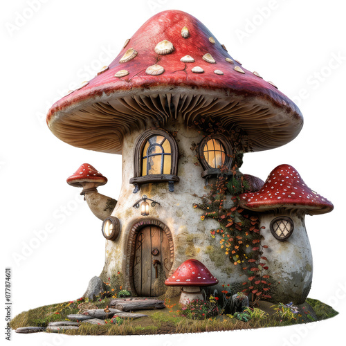 Whimsical mushroom house with a large red cap multiple windows and a wooden door transparent background clipart