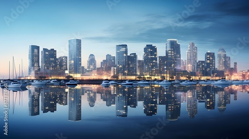 Panoramic view of the city at night with reflection in water