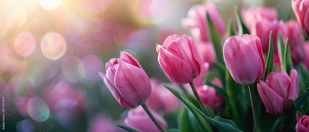 Beautiful Pink Tulips in Bloom with Soft Bokeh Background and Sunlight Beautiful Pink Tulips in Bloom with Soft Bokeh Background and Sunlight