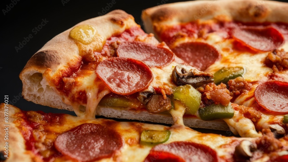Supreme pizza slice with melty cheese being pulled up Supreme pizza slice with melty cheese being pulled up