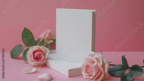 White book cover mock up, vase with pink flowersroses on pink wall background. Front view. Place for text, copy space, mockup photo