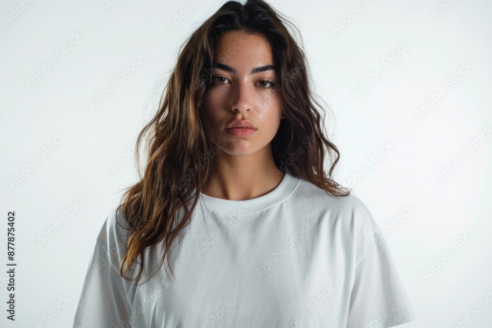 A woman with long hair wearing a white shirt A woman with long hair wearing a white shirt