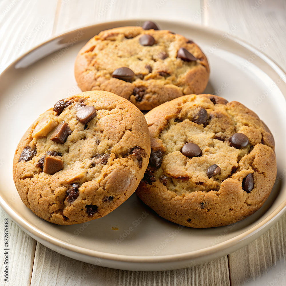 Chocolate chip cookies on a plate.
Chocolate chip cookies on a plate.