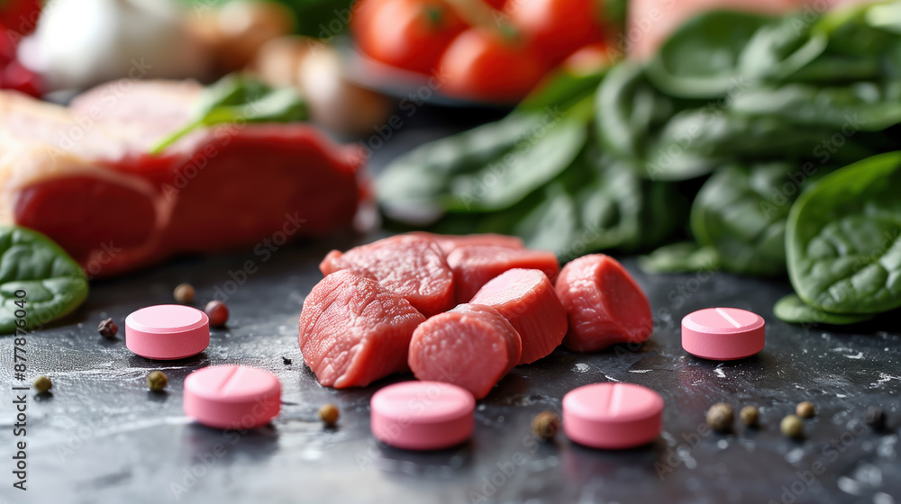 Iron Pills Surrounded by Red Meat and Spinach, Balanced Diet Concept