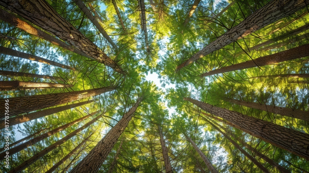 A view of tall pine trees from the ground looking up, their green needles creating a dense canopy against a clear blue sky. A view of tall pine trees from the ground looking up, their green needles creating a dense canopy against a clear blue sky.
