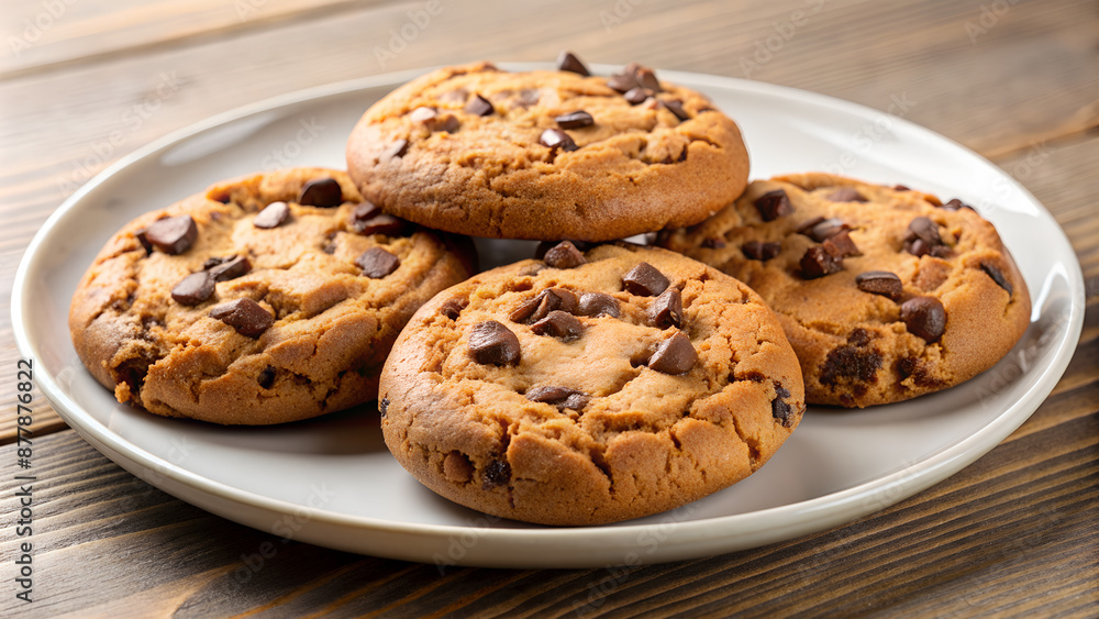 Chocolate chip cookies on a plate.
Chocolate chip cookies on a plate.