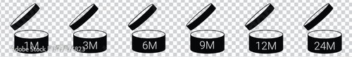 PAO icons set vector illustration. Abstract isolated line symbols collection, period after and open for package of cosmetics, makeup and cream, validity period of life product in months.