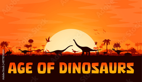 Prehistoric dinosaurs silhouettes on sunset background with trees, rocks and plants. Vector landscape with terrain dino species and flying pterosaur shadows in front of large sun in orange dusk sky