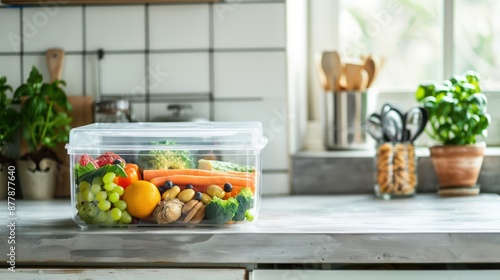 A reusable food box filled with healthy snacks on a kitchen counter.